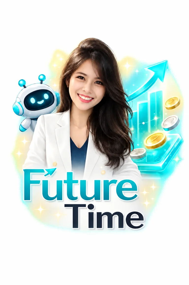 โลโก้ Future Time — ผู้หญิงมืออาชีพกับหุ่นยนต์ AI กราฟการเงิน และเหรียญทอง สื่อถึงการสร้างรายได้ด้วย AI