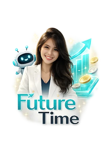 โลโก้ Future Time — ผู้หญิงมืออาชีพกับหุ่นยนต์ AI กราฟการเงิน และเหรียญทอง สื่อถึงการสร้างรายได้ด้วย AI